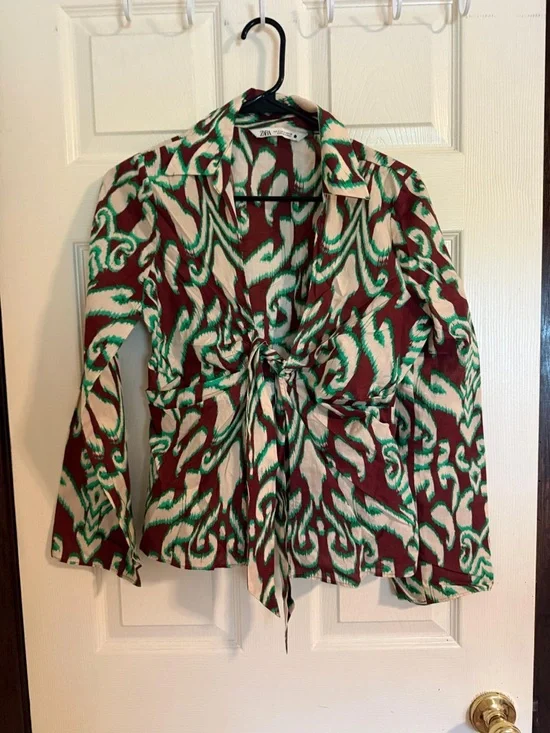 Zara Brown & Mint Patterned Tie-Front Blouse - Picture 4 of 4